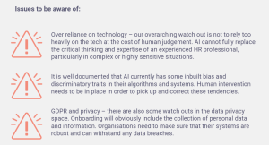 list of cons from h2h in using AI - lack of human connection, unconscious bias in algorithm and privacy GDPR issues